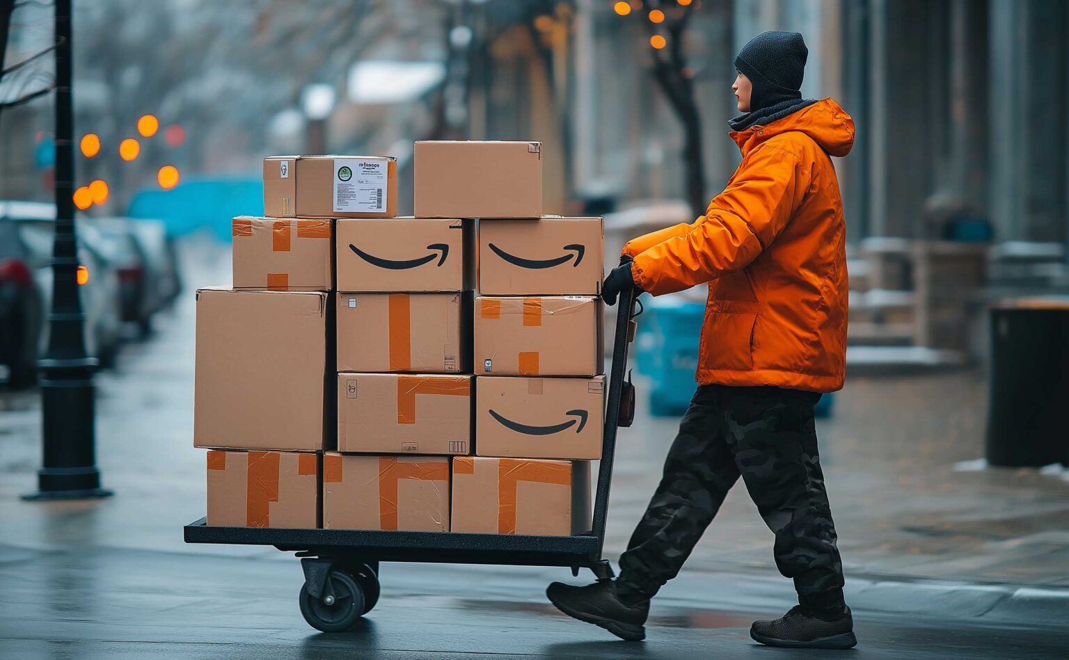 Image of a delivery person using a pushcart to carry some package boxes, some boxes prominently featuring the Amazon smiling arrow logo and labeling while others are unmarked.